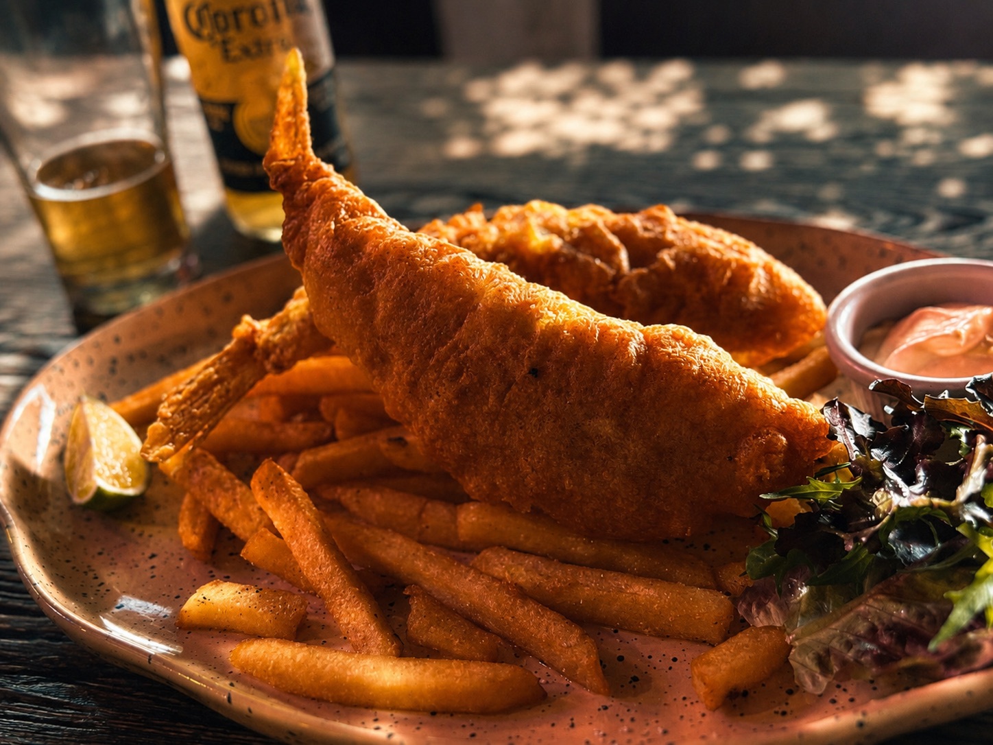 Golden fish and chips with sauce